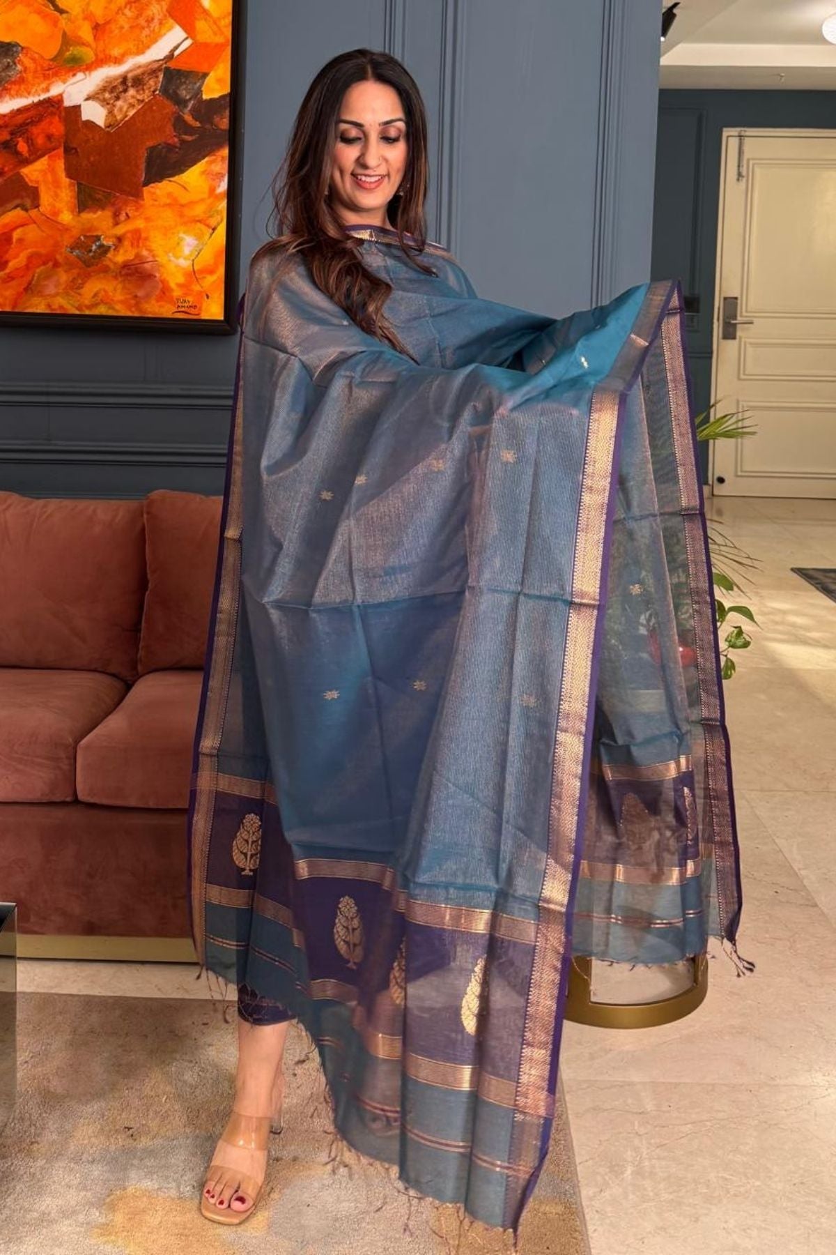 Handloom tissue Maheshwari silk kurta dupatta set